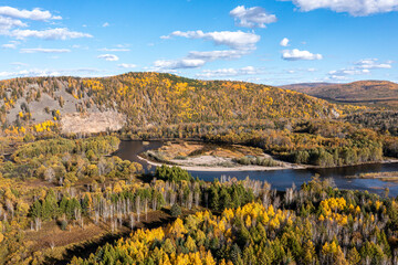Aerial photography of autumn mountain forest road in Daxing'an Mountains