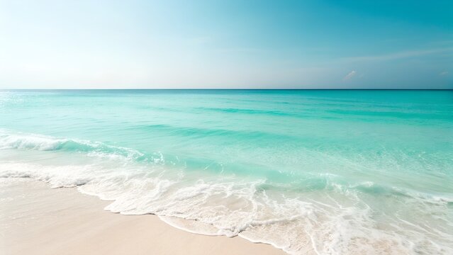 Minimalist Beach Scene with Turquoise Waves, Sandy Shore, and Clear Blue Sky in Serene Coastal Landscape