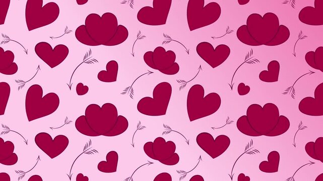 Animated pattern of magenta hearts and cupid arrows scrolls across a pink gradient background. Looping animation for Valentine's Day or romantic themes. 