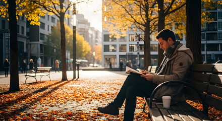 Man writing in notebook on bench in autumn park scenic view of fall season in city street scene outdoors