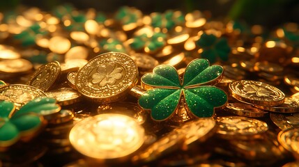 Golden Irish Coins and Lucky FourLeaf Clover St Patricks Day Symbolism.