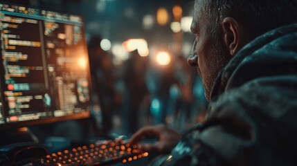 In the silence of night: peering into blockchain code on screens. Advertising photo. Engulfed in blue hues: a coder's late night blockchain review. Creative concept. Hero shot.