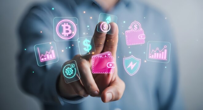 Person touching digital interface with cryptocurrency and financial icons floating around