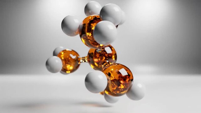 Dazzling Molecular Structure Showcasing a Combination of White and Amber Spheres Connecting at Various Angles Against a Softly Luminous Background