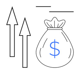 Upward arrows alongside a money bag signify rising income, investments, profit growth, savings. Ideal for finance, economy, investment strategy, budget management, wealth building success economic