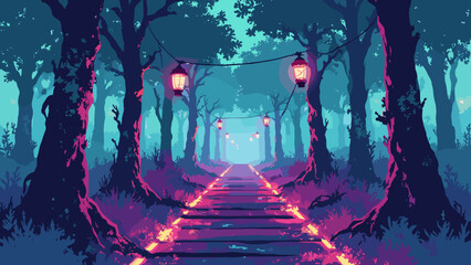 Cyberpunk mangrove boardwalk — glowing planks and wired lanterns weaving through neon roots, palette: teal, magenta, soot, no people