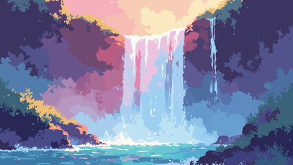 Holographic waterfall — glassy cascade made of light ribbons pouring into a silver basin, palette: holographic silver, cerulean, coral, no people