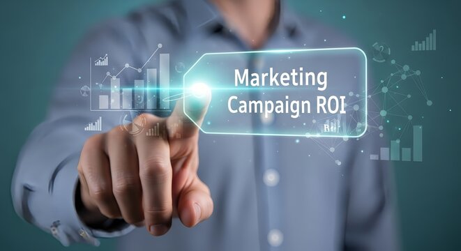Man touching a digital screen displaying marketing campaign roi with graph overlays