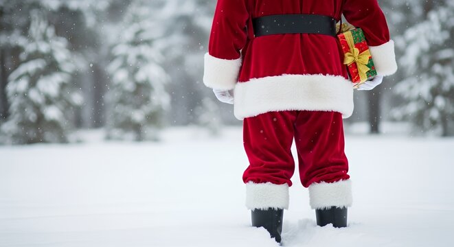 A close-up shot of Santa Claus standing in a snowy winter landscape, holding a stack of beautifully wrapped Christmas gifts.