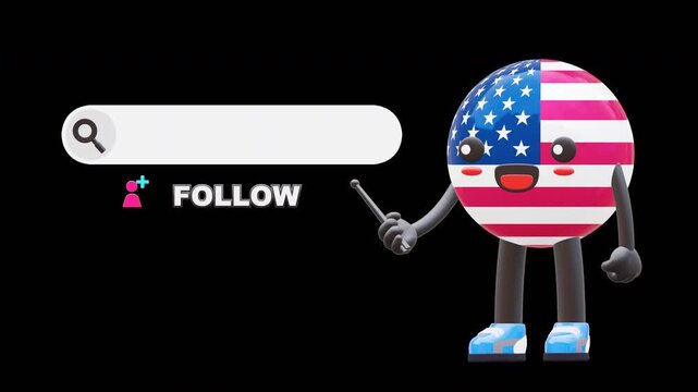 Cute 3D USA flag mascot with pointer showing follow search bar symbolizing social engagement.