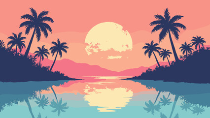 Retro lagoon at dusk — mirrored lagoon with prism islands and palm silhouettes under a gradient sun, palette: coral, aqua, gold, no people