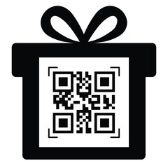 Black Christmas gift box icon with a bow, featuring a QR code on the front face. Simple, modern design suitable for digital gifts, e-commerce, mobile scanning, and tech-related gift concepts.