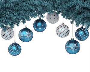 Elegant blue and silver ornaments dangle from festive fir branches, creating a winter wonderland for holiday celebrations and seasonal designs.