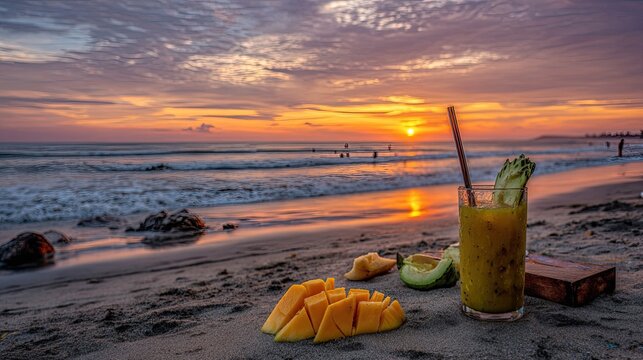 Refreshing tropical drink and mango on a serene beach at sunset.