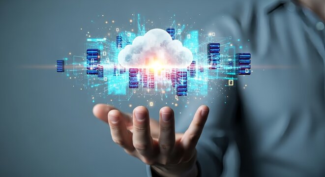 Person holding a cloud computing graphic with servers and digital connections in hand