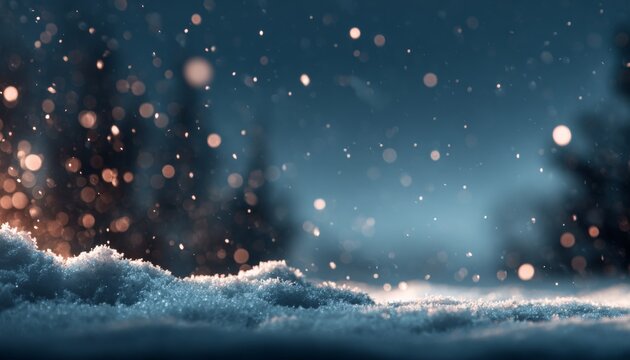 Enchanting winter wonderland with fresh snowfall, bokeh fairy lights illuminating a serene landscape