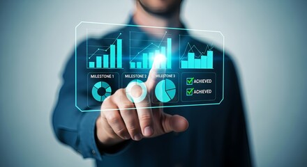 Man interacting with a futuristic dashboard displaying bar and pie charts and milestones