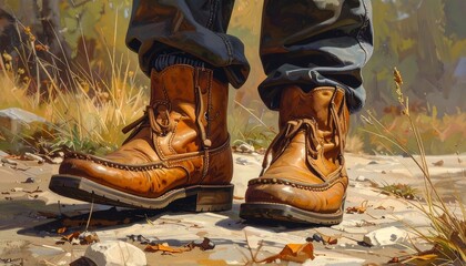 Close-up of rugged brown boots on a path, with jeans and dry vegetation in view, creating a natural scene