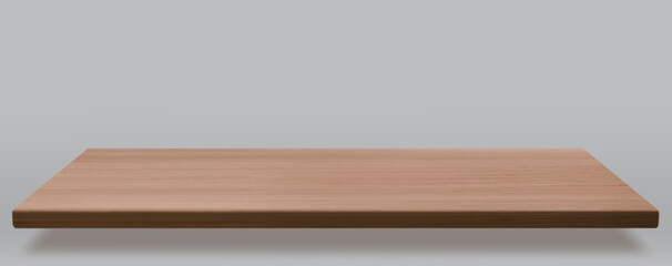 Wooden desk top with natural wood grain texture on gray background. Realistic empty table surface display with horizontal planks in brown colors. Blank shelf for product mockup presentations.