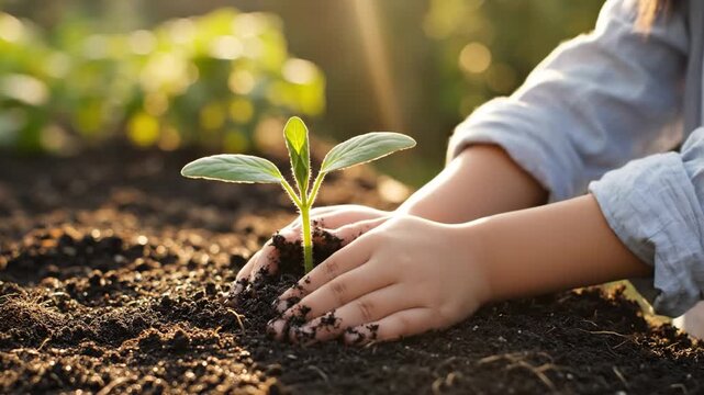 Child planting seedling in soil under sunlight cultivating environment