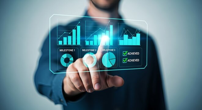 Man interacting with a futuristic dashboard displaying bar and pie charts and milestones