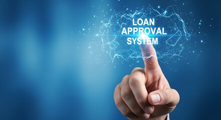 Hand touching loan approval system interface with glowing digital network overlay