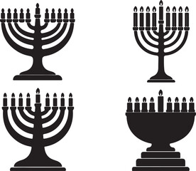Hanukkah Menorah Symbols Collection Vector Silhouette Illustration Set Jewish Holiday