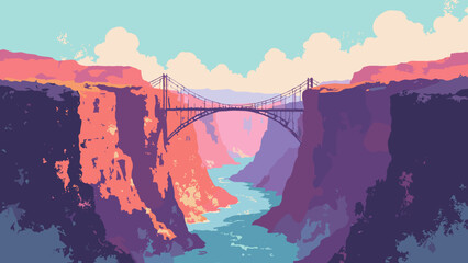 Digital canyon — razor cliffs with laser-cut strata and cable bridges, sky streaked with data trails, palette: crimson, teal, gray, no people