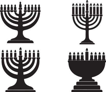 Hanukkah Menorah Symbols Collection Vector Silhouette Illustration Set Jewish Holiday