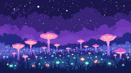 Biolume fungal plain — field of luminescent fungi forming a glowing carpet under a violet sky, palette: neon green, lavender, black, no people