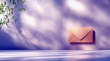 A single pink envelope is displayed on a wall with soft, diffused lighting and shadows, accompanied by a branch and sparkling effects.