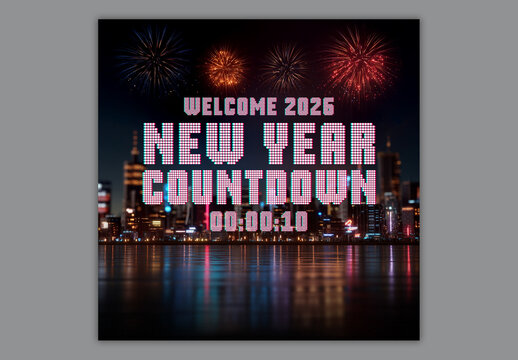Welcome 2026 New Year Countdown Social Media Post Template with Night City Reflection in Water Under Fireworks Sky, Editable Design.