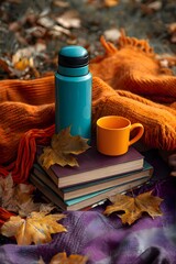 Cozy autumn scene with books mug and thermos surrounded by colorful fall leaves