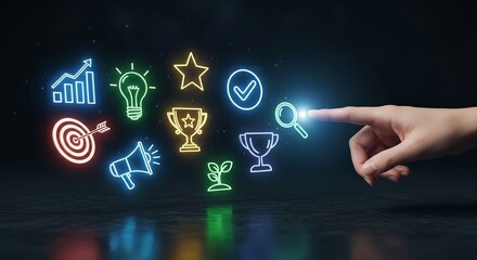 Obraz premium Hand interacting with glowing digital icons representing business and achievement