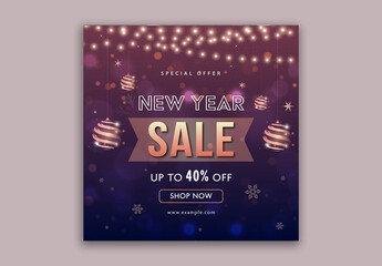 Editable New Year Sale Social Media Post Template with Baubles Hang in Purple and Blue Theme Design.