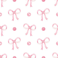 Watercolor seamless pattern with pink bows and polka dots. Hand-drawn pint for design and embellishment of packaging, wrapping paper, and textiles. Print for girls, cute design.
