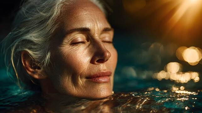 Senior Woman Meditating in Sunlit Pool Embracing Serenity and Balance - Powered by Adobe