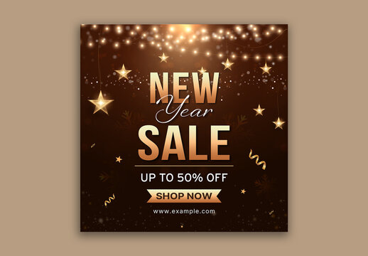 Editable New Year Sale Social Media Post Template with 50% Discount Offer in Golden and Dark Theme Design.