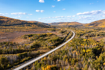 Aerial photography of autumn mountain forest road in Daxing'an Mountains