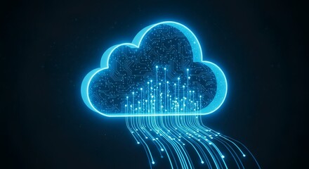 A glowing blue cloud with circuit board pattern and data streams on a dark background