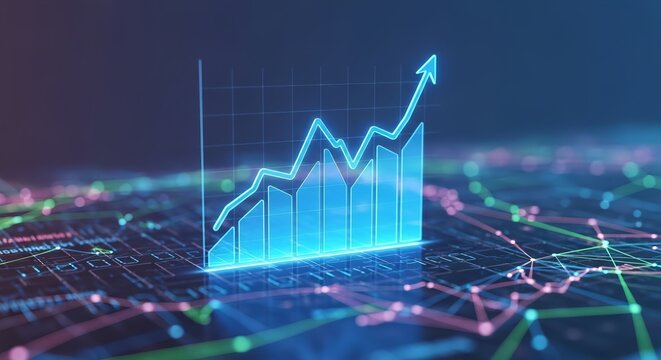 A glowing blue graph with an upward trending arrow on a circuit board background
