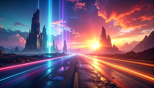 A vibrant, futuristic landscape with towering structures, glowing light beams, and a highway bathed in sunset colors
