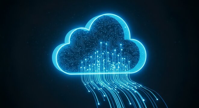 A glowing blue cloud with circuit board pattern and data streams on a dark background