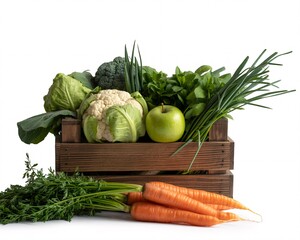 Fresh bounty of vibrant vegetables and crisp apple overflows from rustic wooden crate, promising healthy eating and farm-to-table goodness.