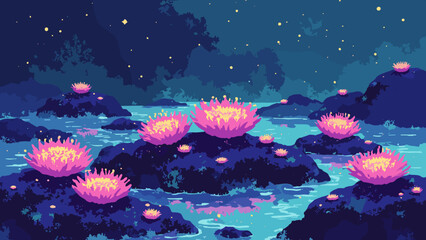 Neon tidepool detail — star anemones glowing in micro-neon colors across wet black rock, palette: magenta, teal, lemon, no people