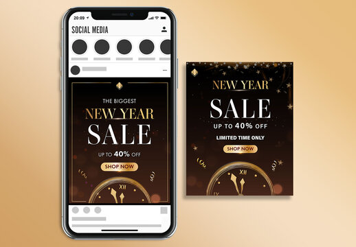Editable New Year Sale Social Media Post Template with Golden Clock in Dark Theme Design.