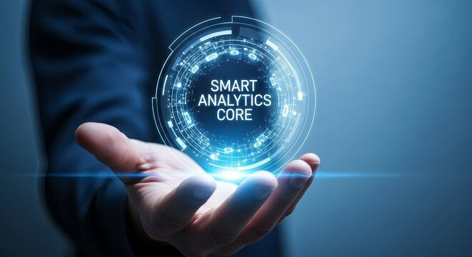 Hand holding a smart analytics core digital display with blue background and suit - Powered by Adobe