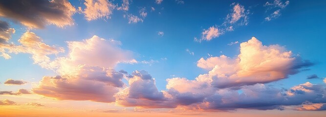 Vibrant sky filled with fluffy clouds illuminated by golden sunset light creating a peaceful and inspiring atmosphere