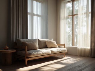 Fototapeta premium A white couch is in a room with a window. The window is open and the sun is shining through it