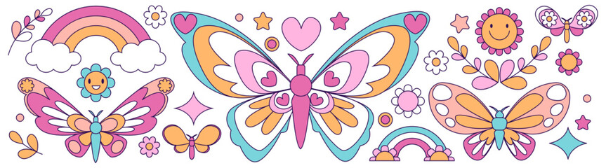 Groovy butterfly and flower graphic set with rainbow and clouds - retro vector elements in vintage style. Cheerful smiling blossoms, hearts and stars in pastel colors of nostalgic seventies aesthetic.